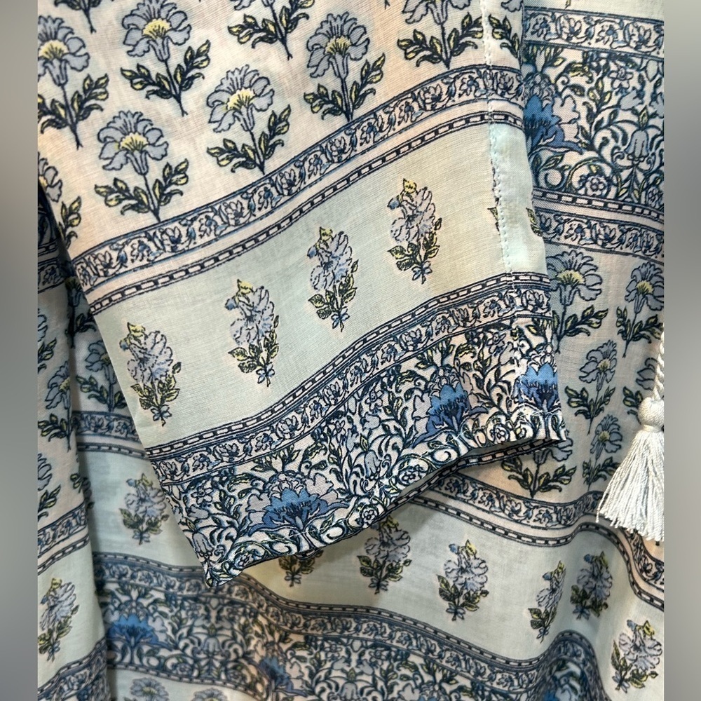 J Jill Top Sz M Blue Floral Paisley Tunic Blouse Flowy Sheer Boho Beach Cover Up - Picture 5 of 16